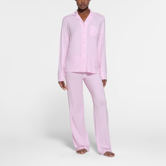 Skims Sleep Long Sleeve Button Up Set in Cherry Blossom - Picture 2 of 3